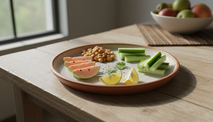 Eye-level view of a balanced Indian snack plate with peanuts and fruit