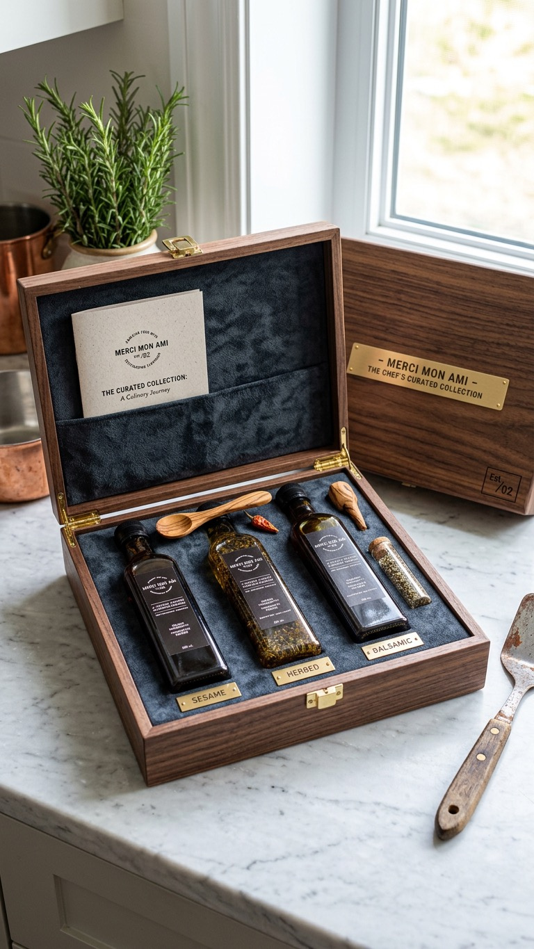 Merci Mon Ami Salad Lover's Trio gift set featuring three handcrafted artisan dressings in a luxury walnut wood presentation