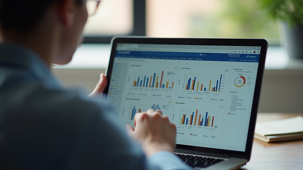 Close-up view of a marketer analyzing customer data on a laptop