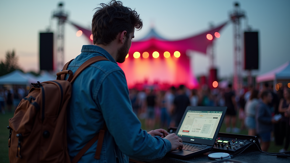 Eye-level view of a freelance event coordinator setting up sound equipment at an outdoor venue