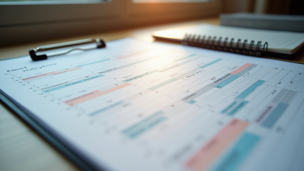 High angle view of a desk with event planning documents and a calendar