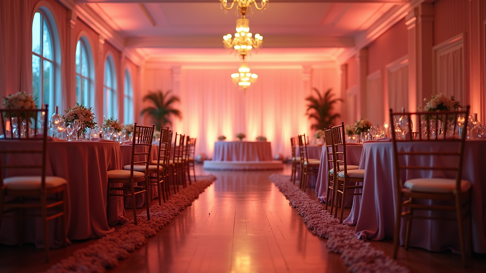 Eye-level view of a decorated event venue with elegant lighting