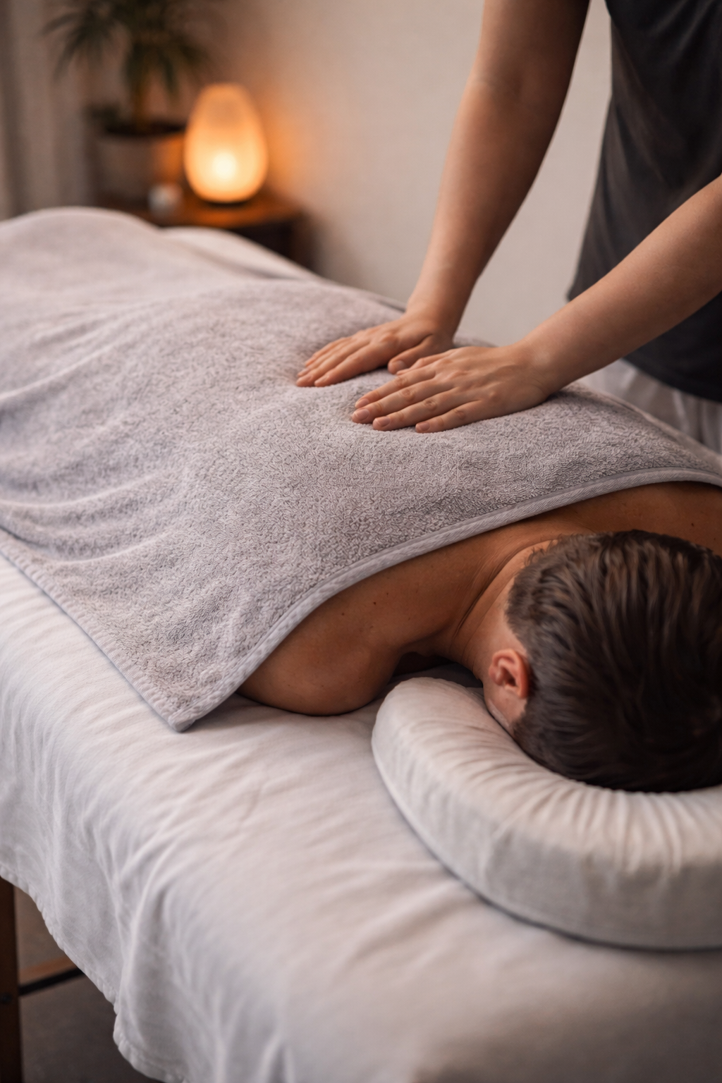 Client receiving 90-minute meridian balance and pain relief massage, lying face down on massage table with blanket covered to shoulders, therapist applying therapeutic back pressure