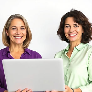 Photo realistic photo of 2 smiling Caucasian women aged around 40 years old. One with a pu