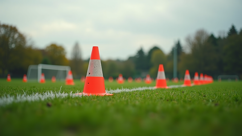Eye-level view of a soccer field with cones set up for drills