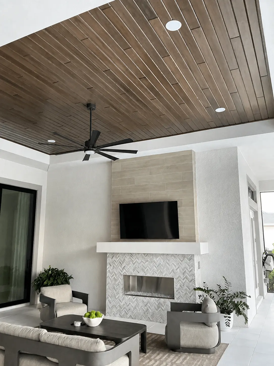 Red Grandis Mocha wood planks on a covered exterior ceiling
