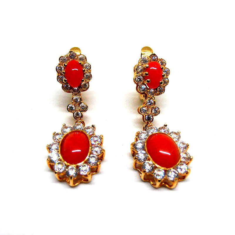 Pendientes oro 18 quilates ballestilla circonita coral