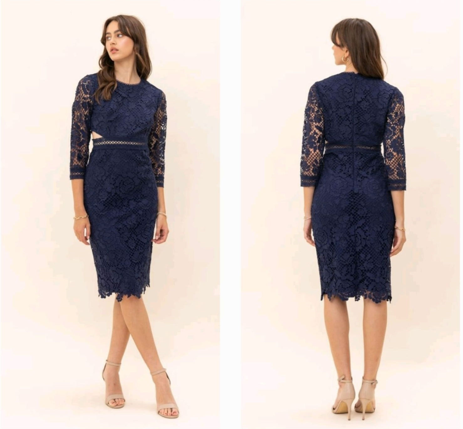 Navy Long Sleeve Lace Midi Dress