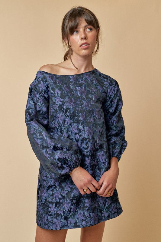 Flower Jacquard Boat Neck Mini Dress