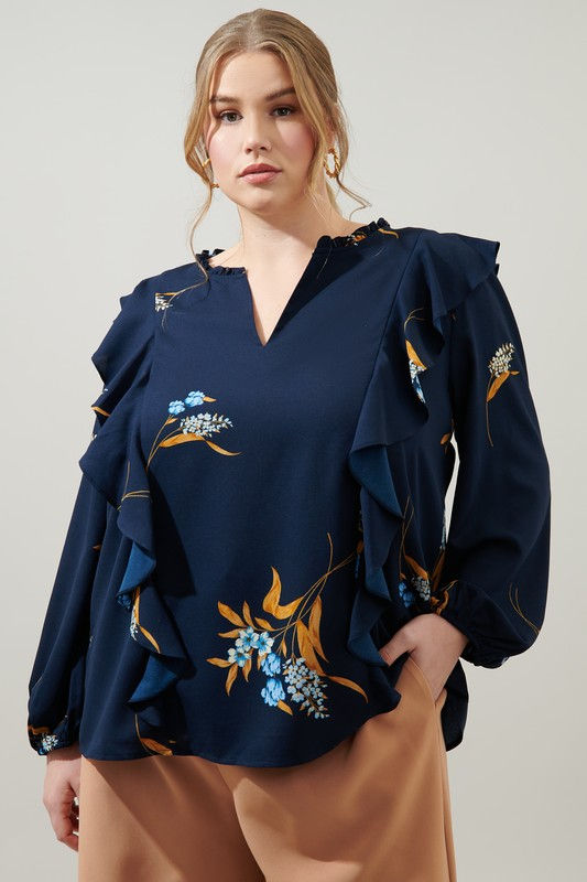 Floral Ruffle Sleeve Plus Size Blouse
