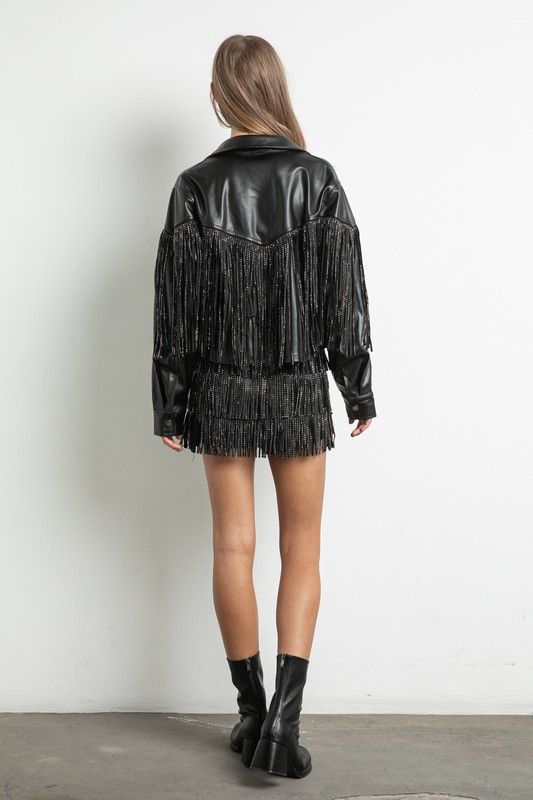 Miniatura: Front and Back Embellished Fringe Leather Jacket