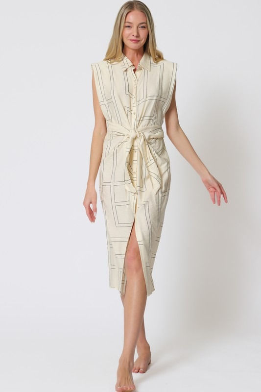 Miniatura: Shoulder Pad Button Down Tie Front Waisted Midi Dress
