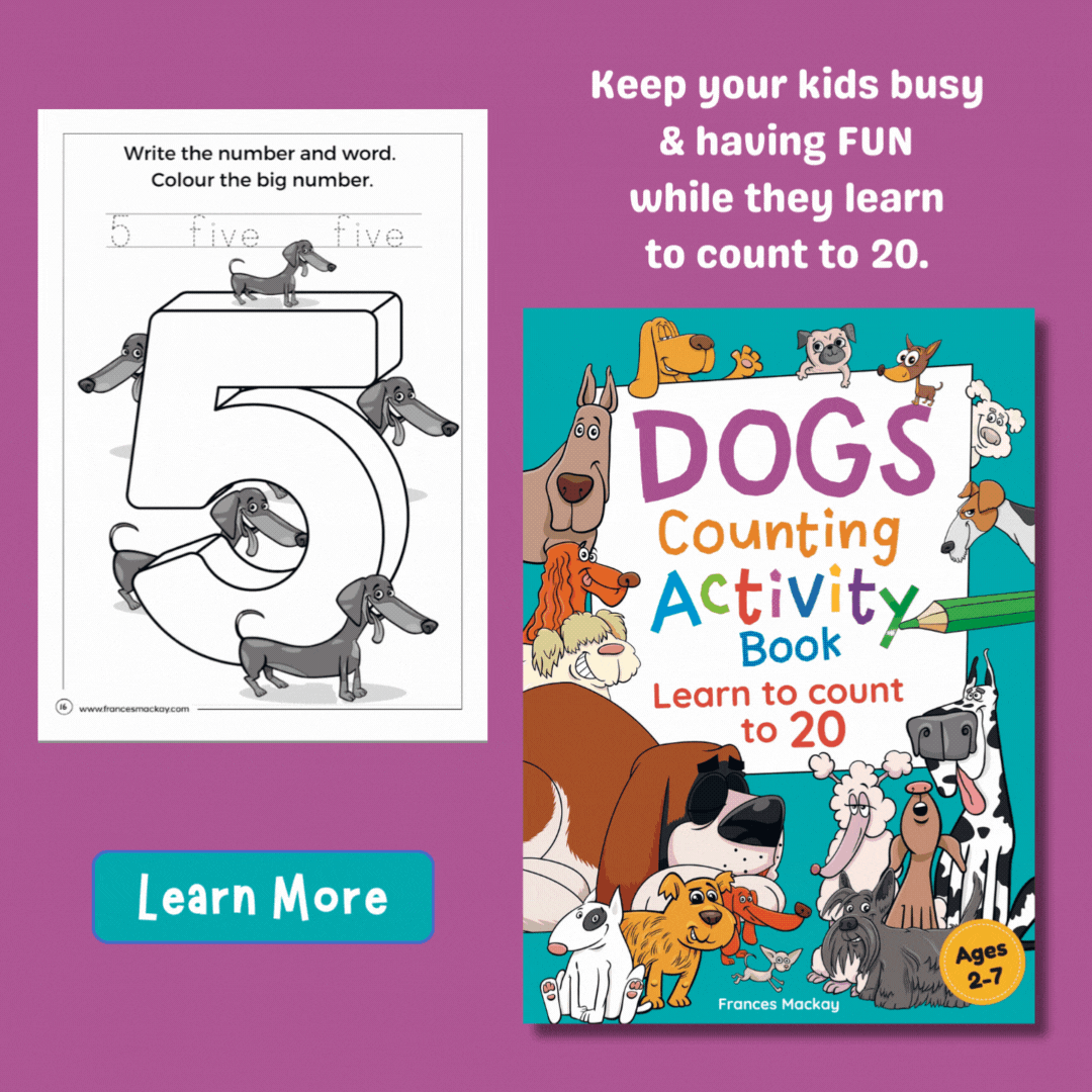 Cover of the counting book, “Dogs Counting Activity Book”, shows a variety of cartoon dogs, plus a gif showing sample pages from the book
