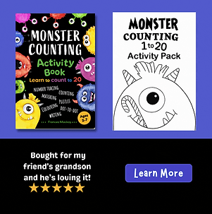Cover of the counting book, “Monster Counting Activity Book”, shows silly monster heads in red, green, pink, yellow and purple, plus a gif showing sample pages from the book