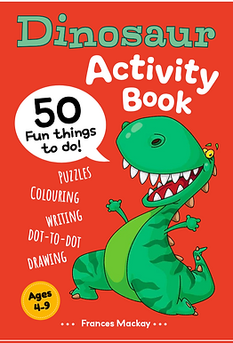 Cover of the activity book, “Dinosaur Activity Book”, shows a happy, green, cartoon dinosaur