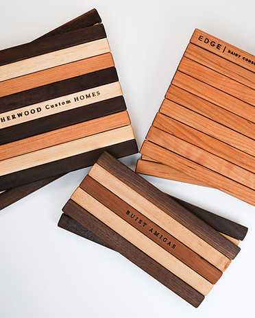 Show casing custom branding options for companies on a handcrafted pivot trivet.
