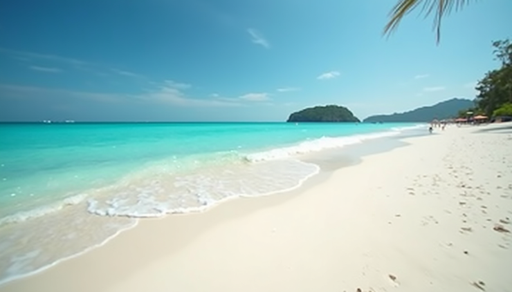 Eye-level view of turquoise sea and white sandy beach in Thailand