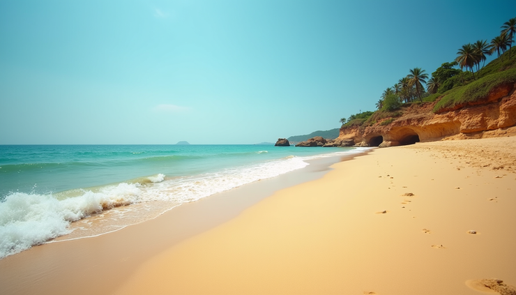 Sunny beach with golden sand, turquoise waves, and a rocky cliff. Palm trees line the top, with footprints leading into the distance.