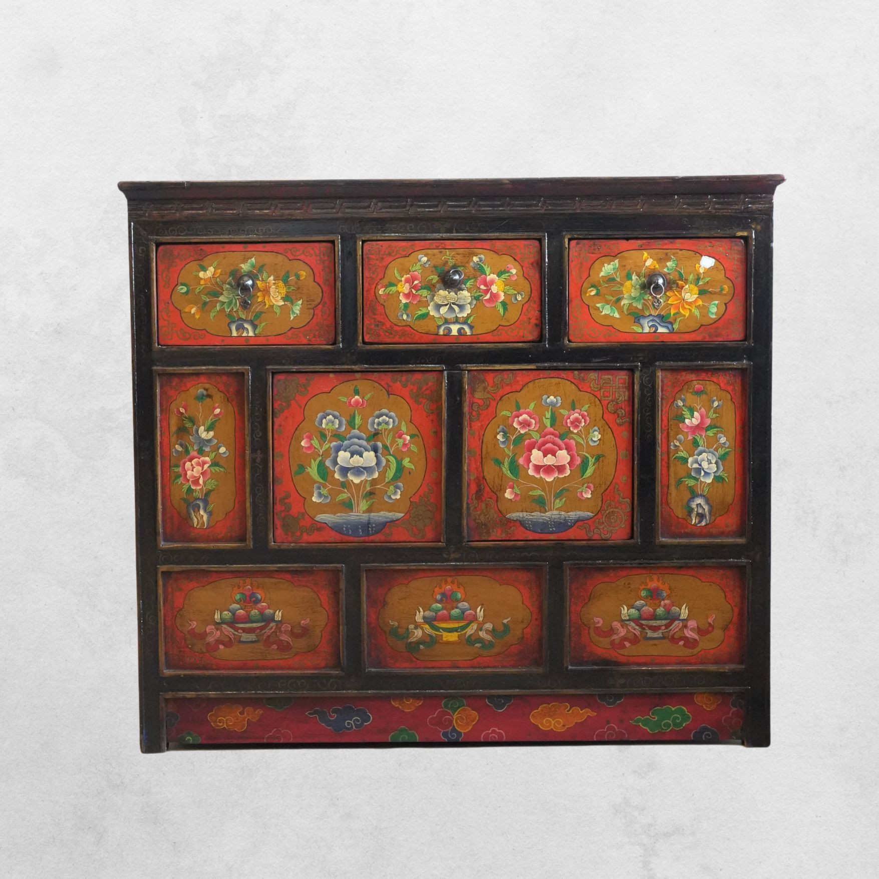 Tibetan Polychrome Painted Cabinet - Antique Buddhist Motifs