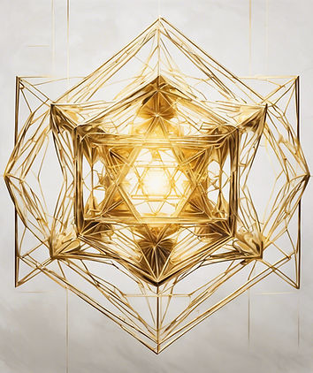 a scared geometry metatron cube made of gold metal that radiates light from its centre aga