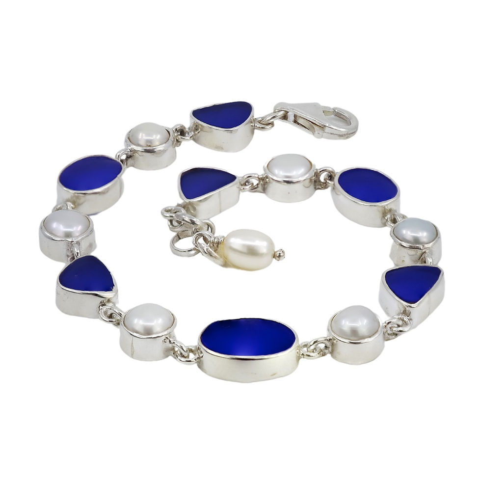 Blue Sea Glass and Fresh Water Pearl Bracelet