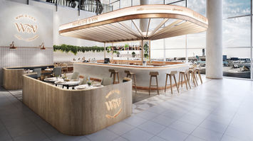 Architectural render of Wine & View airport wine bar with pale wood counters, open seating, and soft ambient lighting.