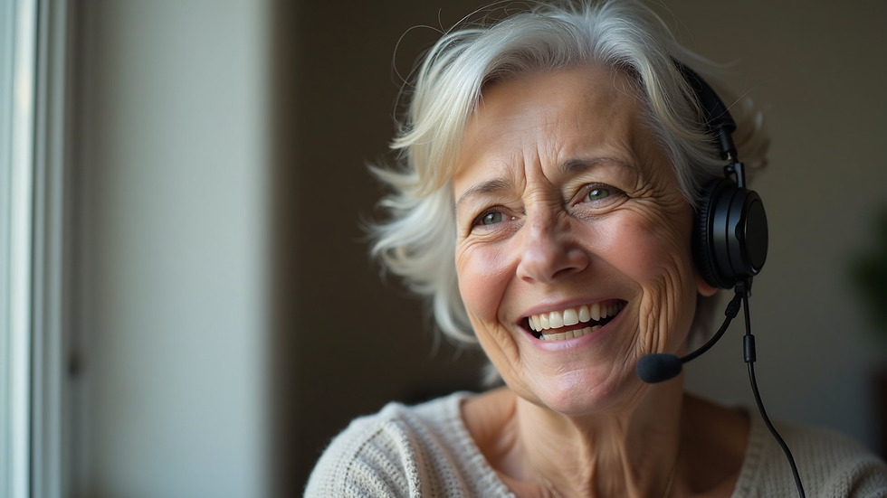 Close-up view of a senior woman smiling while talking on a video call