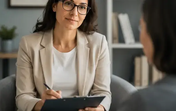 Clinician reviewing an evaluation with a patient