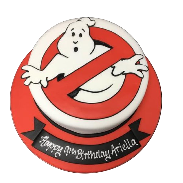Spooky black and white Ghostbusters logo cake with the iconic symbol and intricate detailing, perfect for themed parties and celebrations.