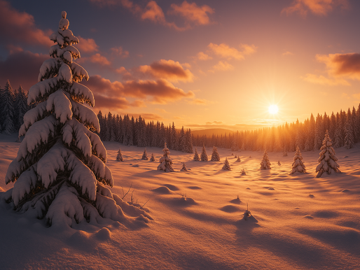 Fotorealistlik talvine maastik, kaetud värske lumega, taustal hämar taevas ja esiplaanil valgustatud majake, mis loob sooja jõulumeeleolu.