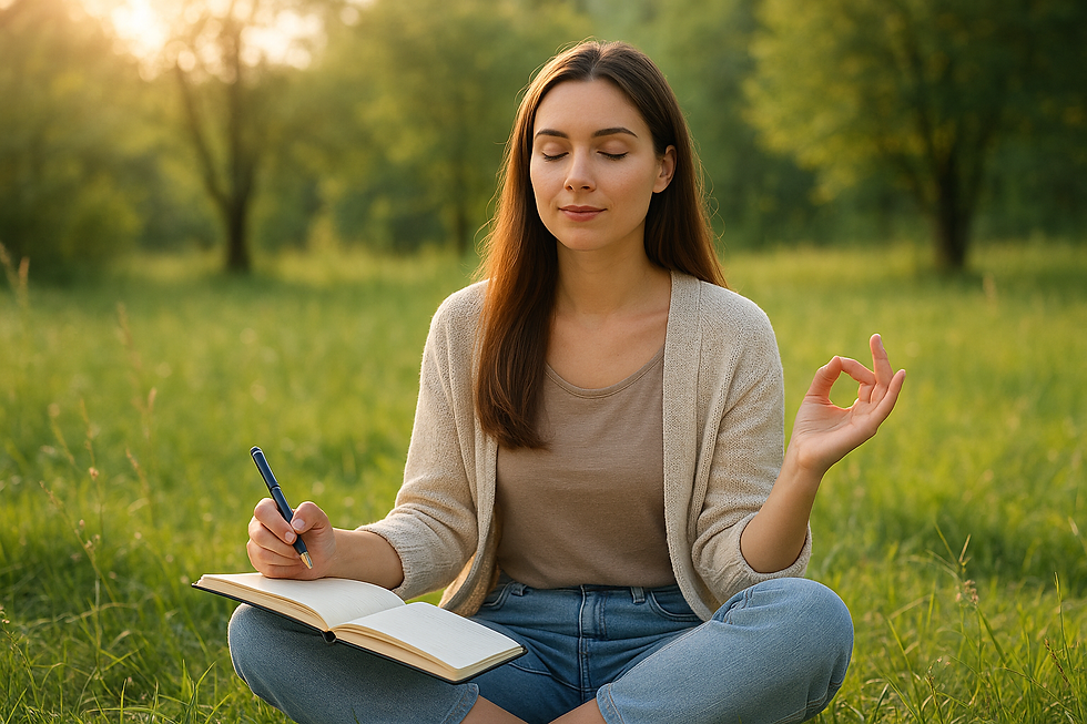 Noor naine istub rohelisel murul, silmad suletud, kirjutab päevikusse ja mediteerib vaikuses, taustal päikeseline loodus.