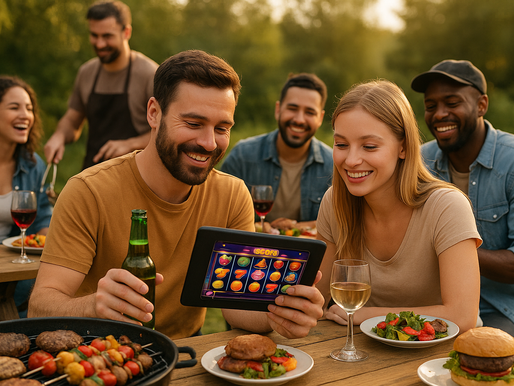Sõpruskond naudib suvist grillõhtut, samal ajal jagades rõõmu kasiinomängust tahvelarvutis. Kulinaarne rõõm ja hasart ühes.