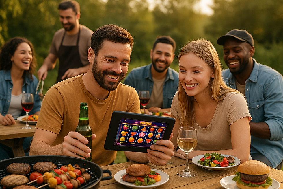 Sõpruskond naudib suvist grillõhtut, samal ajal jagades rõõmu kasiinomängust tahvelarvutis. Kulinaarne rõõm ja hasart ühes.