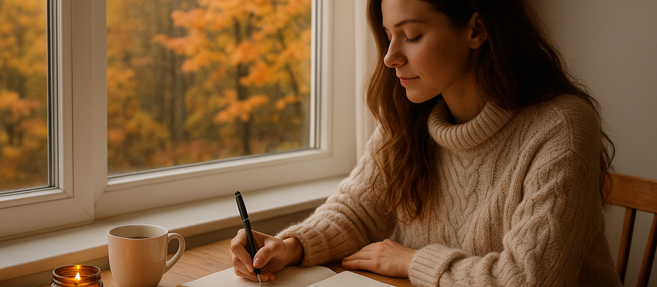 Noor naine istub sügiseses valguses akna all, kirjutab päevikusse, taustal värvilised lehed ja aurav kruus.