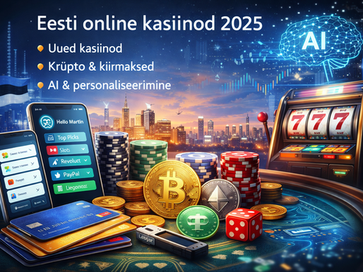 Futuristlik kasiinostseen nutitelefonide, krüptorahade, maksekaartide ja slotimasinaga, taustal Eesti lipp ja linnasiluett; kujutatud 2025. aasta online kasiinode arengusuunad Eestis.