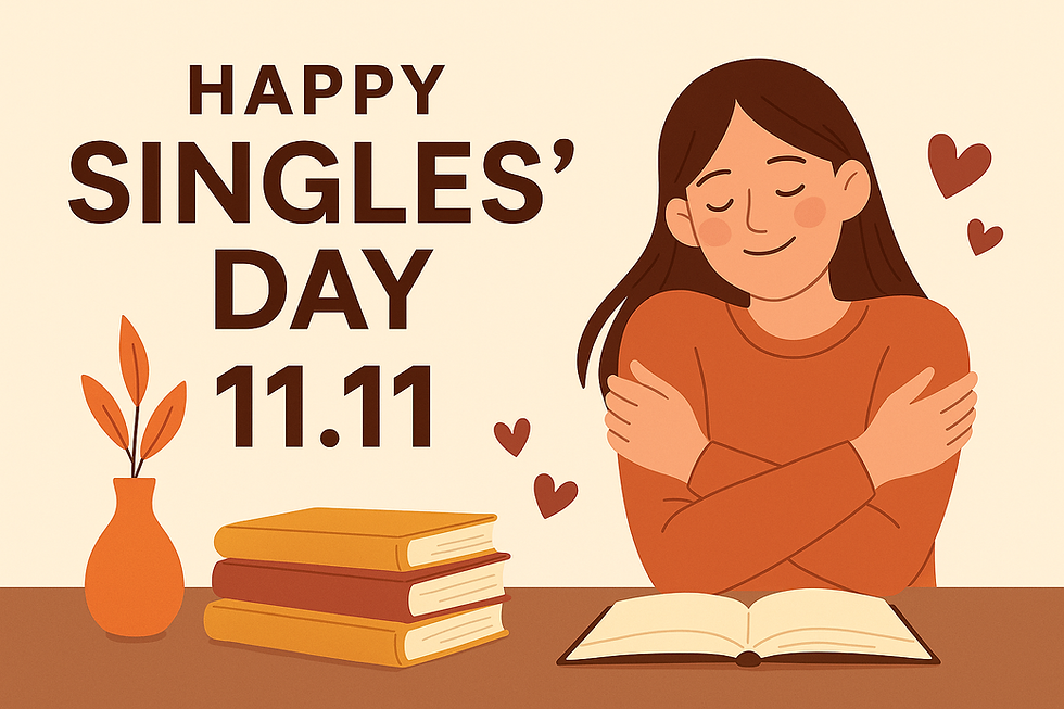 Illustratsioon, kus naine kallistab iseennast, laual raamatud ja oranž vaas – sümboliseerib 11.11 Singles Day enesearmastuse tähistamist