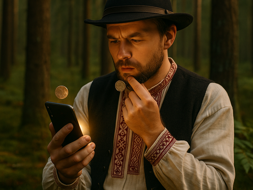 Traditsioonilises eesti rahvariides mees vaatab metsas mobiilist netikasiinot