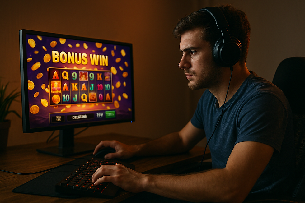 Noor mees süvenenult mängimas online kasiinomängu arvutiekraanil, kõrvuti kõrvaklapid ja mängurivarustus – stseen viitab boonusgrindimisele mänguri vaatenurgast.