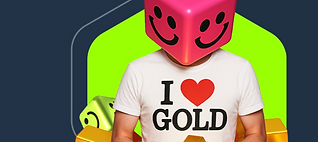 Mees särgiga 'I love gold', käes kuldtahvel, roosa täringupea ja kuldsete täringutega taust – Nutz kasiino kampaania kujundus.