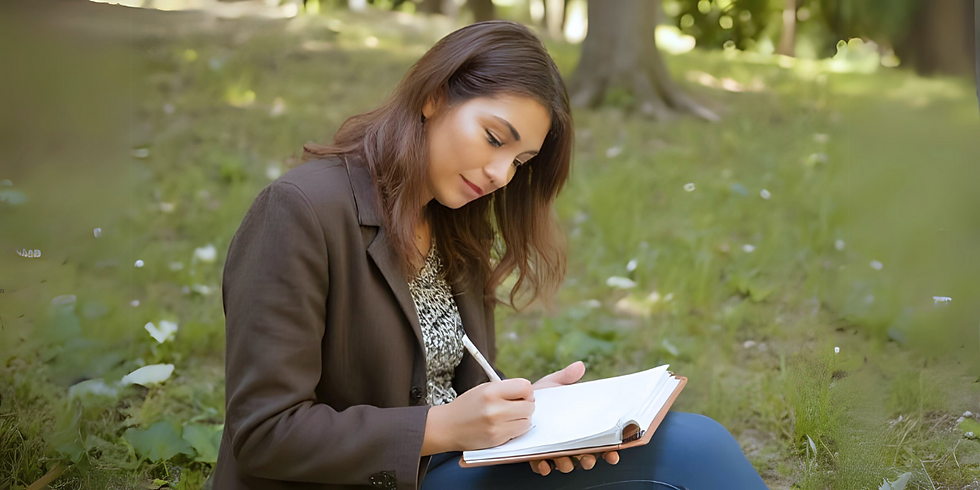 Noor eestlasest naine istub looduses ja kirjutab märkmikusse, kasutades kirjutamist enesecoachingu tööriistana.