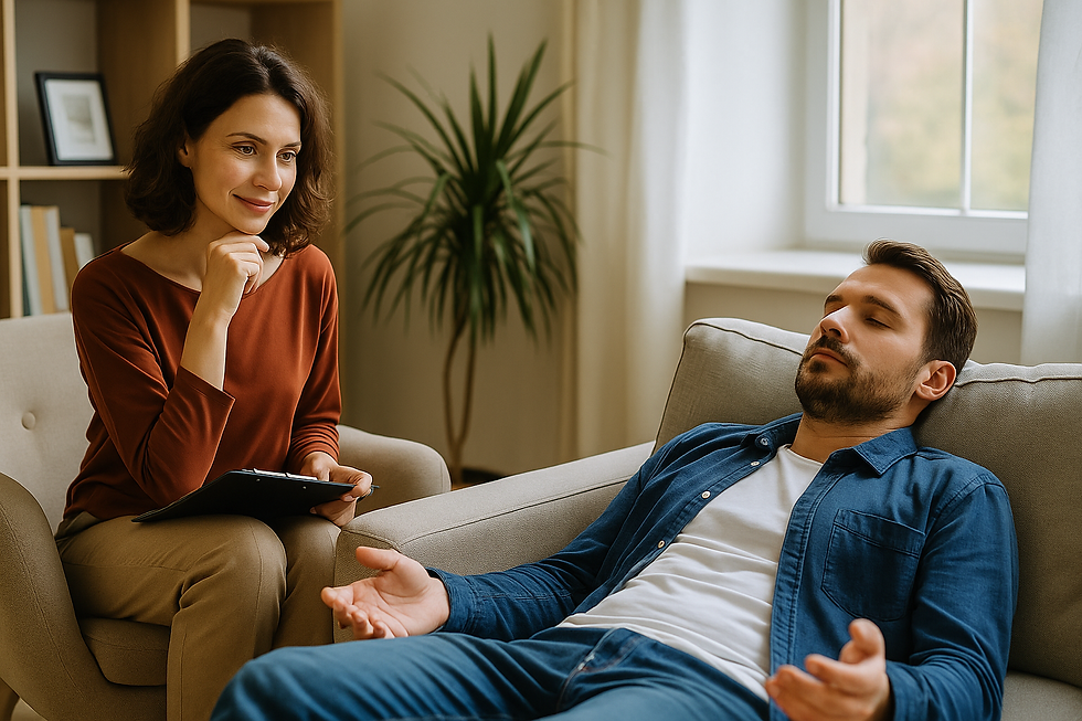 Hüpnoteraapia seanss hubases ruumis, kus klient istub lõõgastunult silmad kinni ja terapeut toetab teda rahuliku kohaloluga.