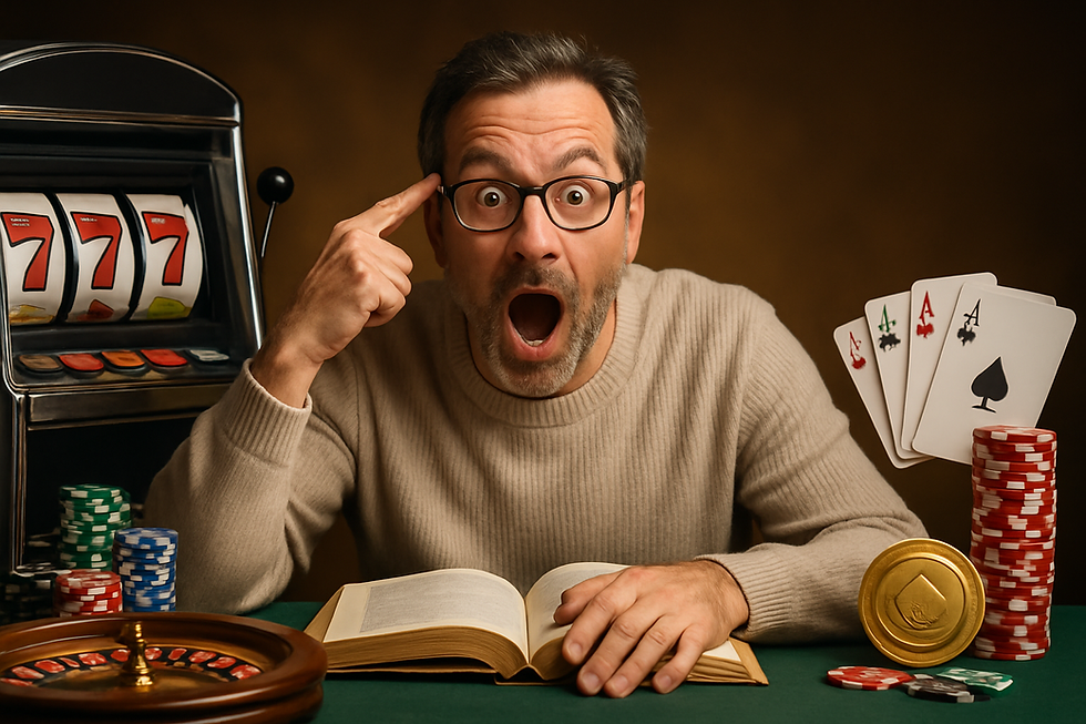 Humoorikas fotorealistlik stseen mehest, kes mõtlikult uurib kasiinomaterjale, taustal online kasiino sümbolid.