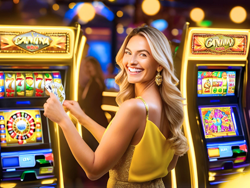 Naeratav naine kollases kleidis mängib slotimasinat heledas ja elavas kasiinokeskkonnas, mis sümboliseerib kasvu ja rõõmu Boost Casino stiilis.