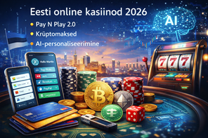 Futuristlik kasiinostseen, kus kujutatud nutiseadmed, krüptorahad, maksekaardid, mängužetoonid ja slotimasin, taustal Eesti lipp ja digitaalne linnasiluett – sümboliseerib 2026. aasta online kasiinode trende Eestis.