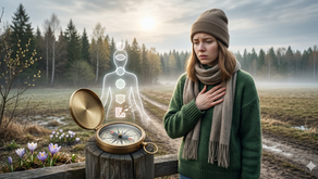 Fotorealistlik pilt petlikust aprillipäevast Eestis. Murelik naine, mähitud sooja kampsunisse ja salli, seisab uduste põldude ja raagus metsa taustal, käsi  südamel, väljendades kurnatust ja kevadväsimust. Tema ees kännul on vanamoodne messingist kompass ja väike, abstraktne inimese energia kehamudeli joonis, mis sümboliseerib Human Designi sisemist autoriteeti ehk kompassi. Kompassi nõel tiirleb ümber kehamudeli joonise ühe valgusega täidetud keskuse, millest lekib valgust, sümboliseerides avatud keskuste energeetilist leket ja vastuvõtlikkust ümbritsevale keskkonnale. Pilt väljendab sisemise selguse ja kaitse otsimist heitlikus ja kurnavas kevades.