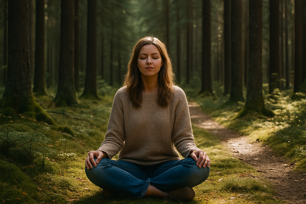 Noor naine istub rahulikul metsarajal, valgus langeb läbi puude, ta on silmad sulgenud ja hingab sügavalt, ümbritsetud loodusvaikusest.