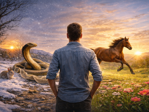 Inimene seisab kahe energia vahel – vasakul Mao aasta lõpetav ja nahka vahetav sümbol, paremal Hobuse aasta liikumist ja uut algust kandev jõud. Fotorealistlik visuaal kujutab üleminekut lõpetamisest tegutsemisse.