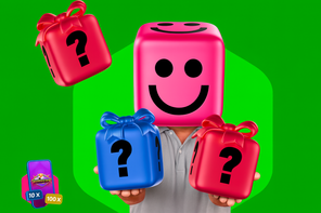 Naeratava kuubikukujulise peaga maskotti kujutav tegelane hoiab käes värvilisi kingitusi küsimärkidega, taustal Nutz kasiinole iseloomulikud rohelised ja roosad toonid.