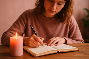 Noor naine kirjutab küünlavalguses märkmikku, soe ja hubane õhkkond roosades toonides.