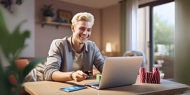 Naeratav blond mees valib nutika mängijana online-kasiinot hoolikalt Parimboonus.ee lehel.